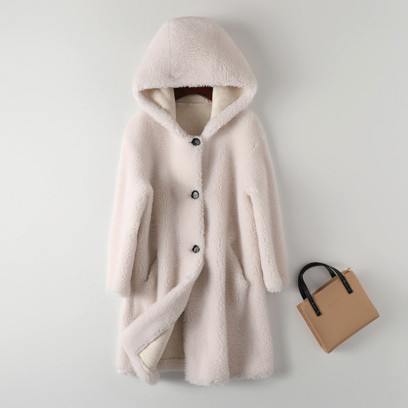 EB | Warme Damen Teddyjacke mit Kapuze und Knöpfen