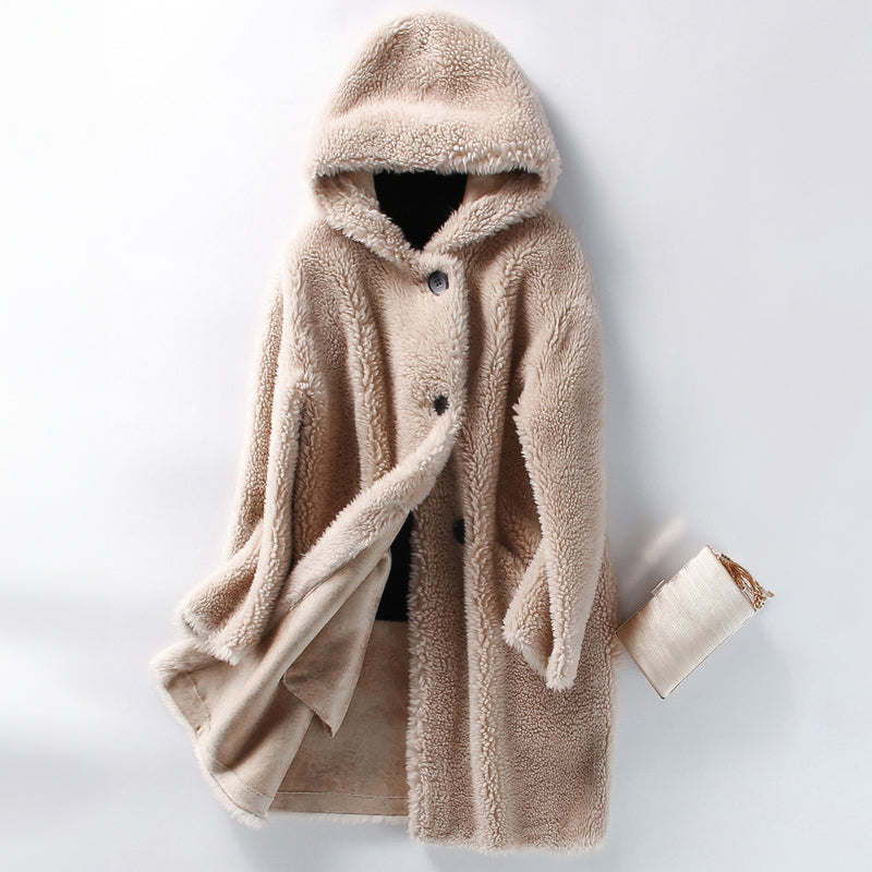 EB | Warme Damen Teddyjacke mit Kapuze und Knöpfen