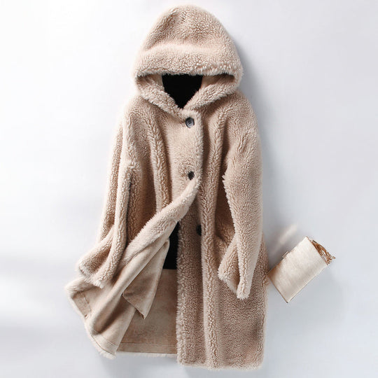 EB | Warme Damen Teddyjacke mit Kapuze und Knöpfen