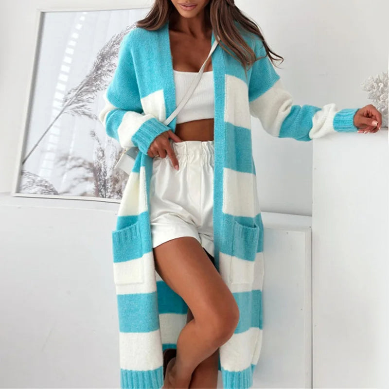 EB | Damen Lange Gestreifte Strickjacke mit Langen Ärmeln und Taschen