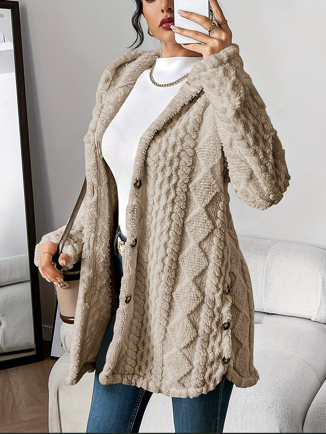 EB | Damen Teddyjacke mit Kapuze und Knopfverschluss