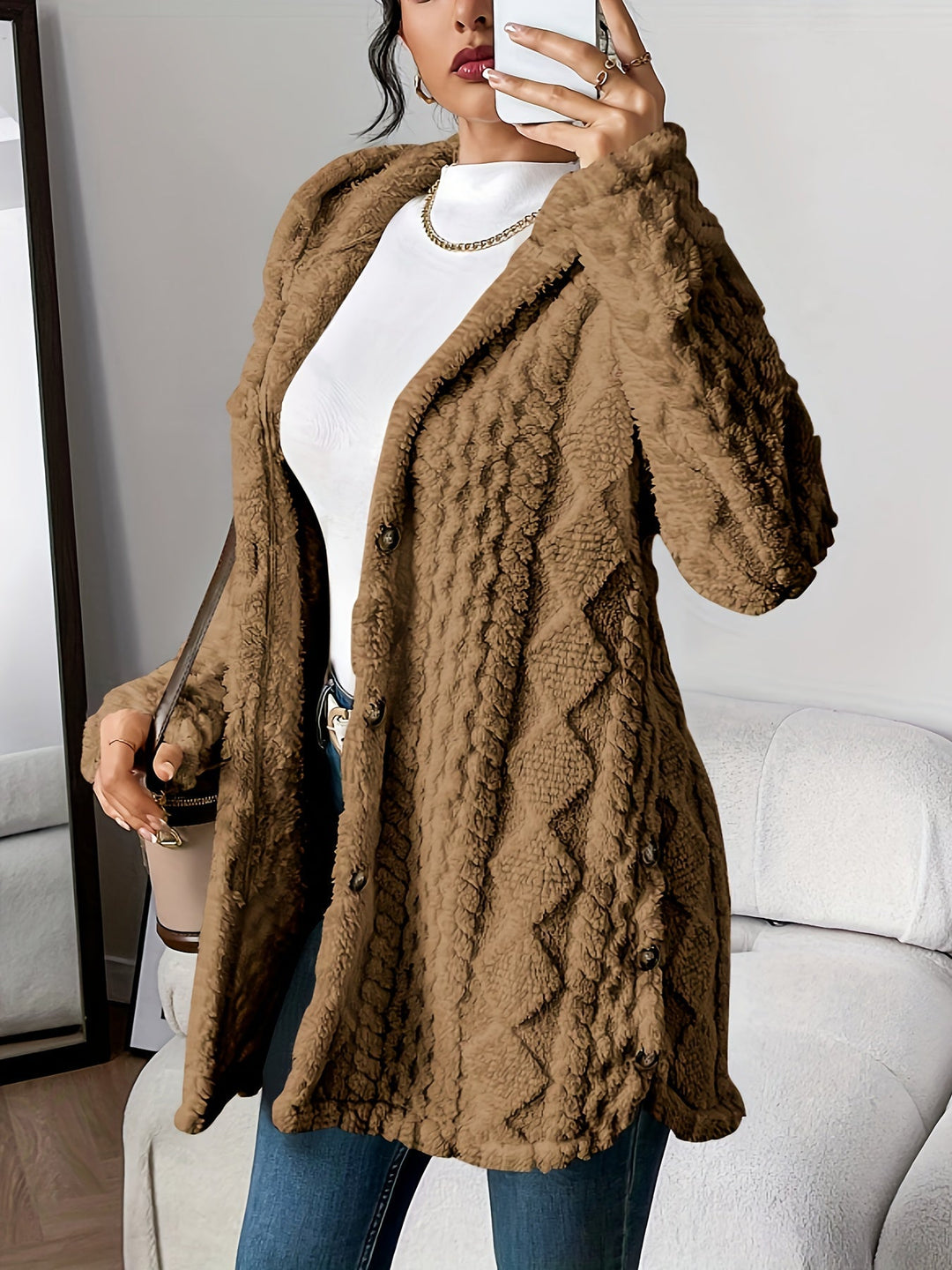 EB | Damen Teddyjacke mit Kapuze und Knopfverschluss