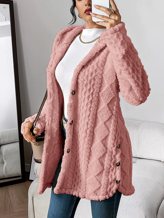 EB | Damen Teddyjacke mit Kapuze und Knopfverschluss