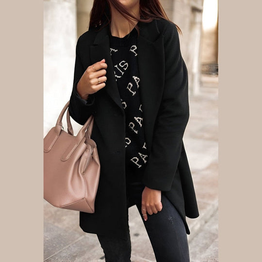 EB | Damen Stilvolle Lange Winterjacke mit Knopfverschluss und Reverskragen