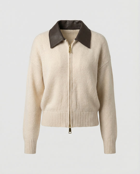 Stylischer Damen Strickpullover mit Lederkragen und Doppel-Reißverschluss Beige