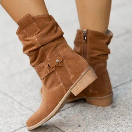 Wildleder-Stiefel - Damen Boho Winterstiefel mit niedrigem Absatz EB