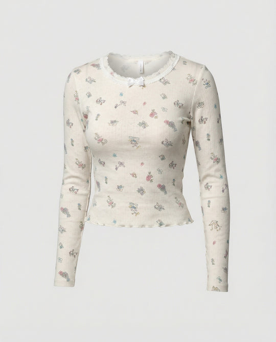 Süßes Langarmshirt mit Rundhalsausschnitt und Print für Damen