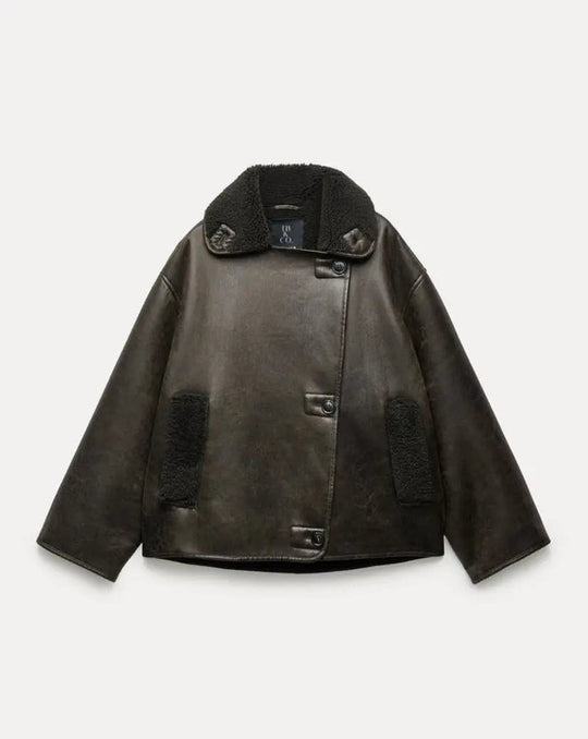 EB | Übergröße Lammfell Aviator Jacke Weiter Kragen mit Umschlägen