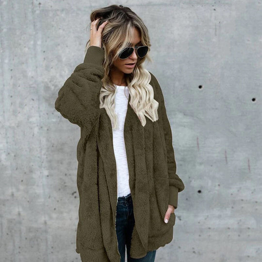 EB | Damen Elegante Lange Cardigan mit Langen Ärmeln Aus Fleece