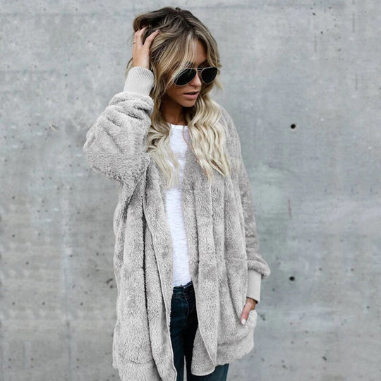 EB | Damen Elegante Lange Cardigan mit Langen Ärmeln Aus Fleece