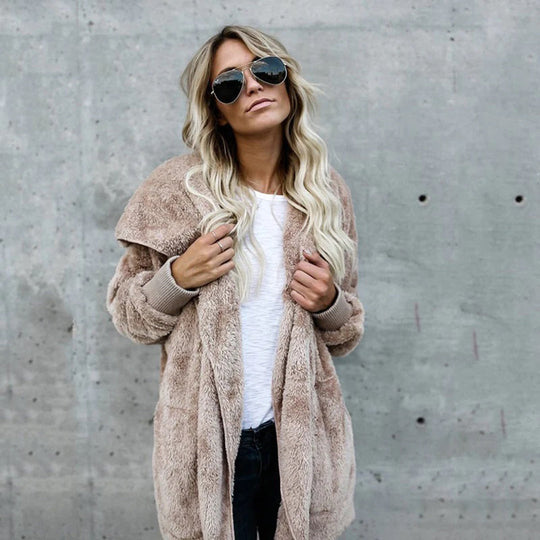 EB | Damen Elegante Lange Cardigan mit Langen Ärmeln Aus Fleece