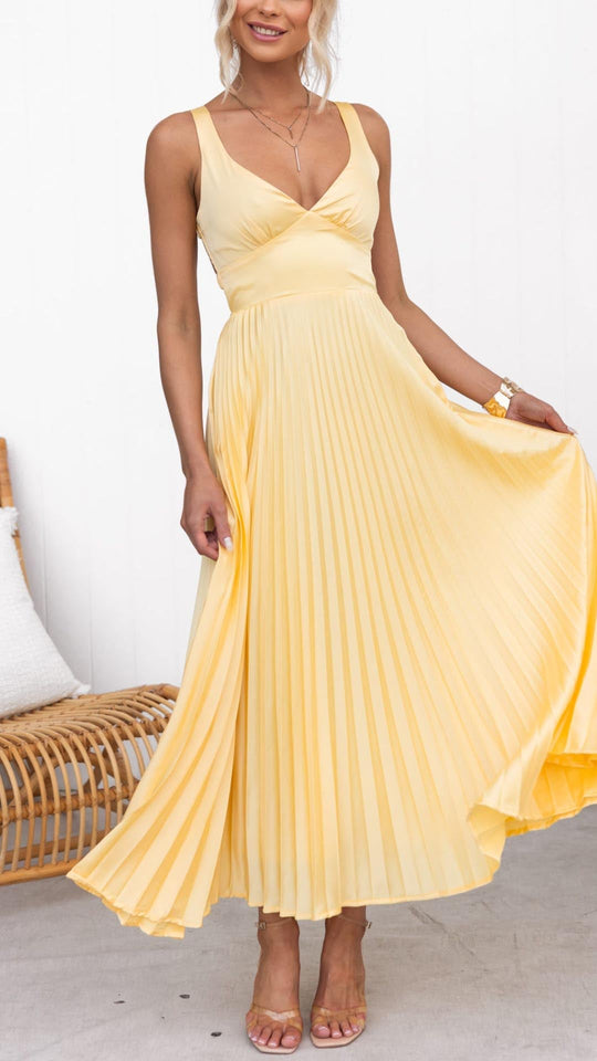 EB | Gelb Plissiertes V-Ausschnitt Maxi Kleid