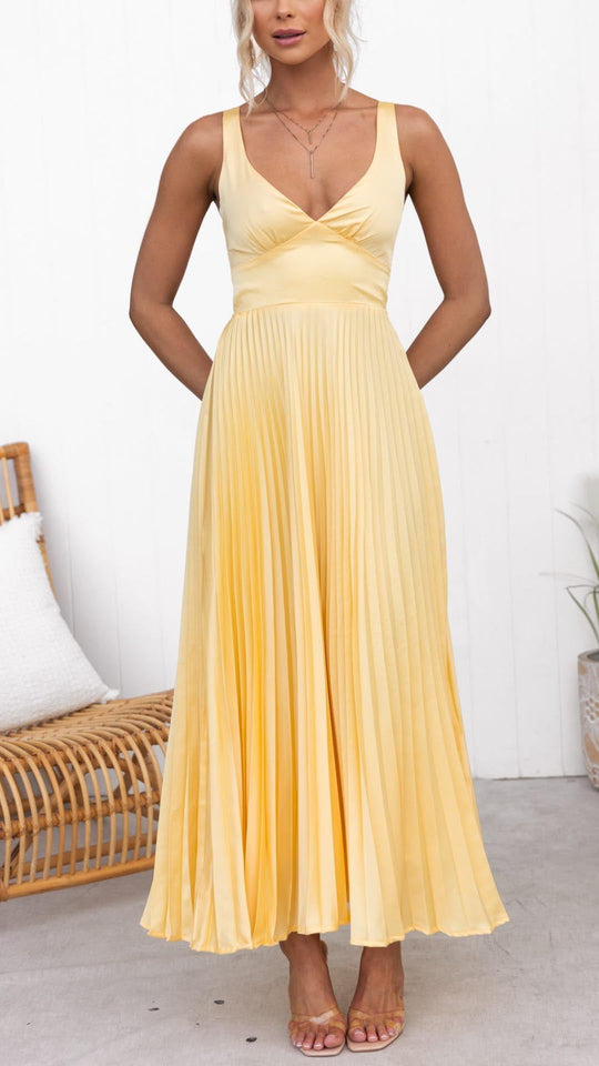 EB | Gelb Plissiertes V-Ausschnitt Maxi Kleid