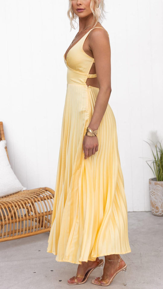 EB | Gelb Plissiertes V-Ausschnitt Maxi Kleid