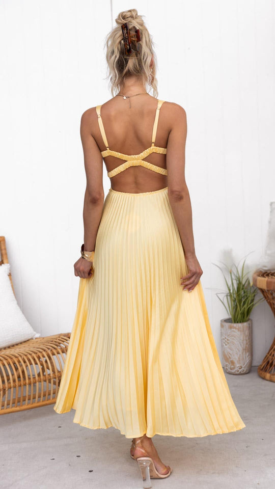 EB | Gelb Plissiertes V-Ausschnitt Maxi Kleid
