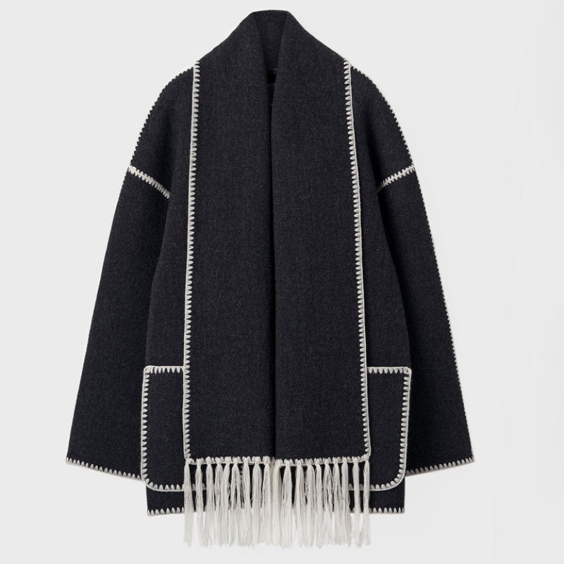 EB | Wollmantel - Oversized Fit - Schal-Kragen mit Fransen - Dekorative Nähte - Knopfverschluss