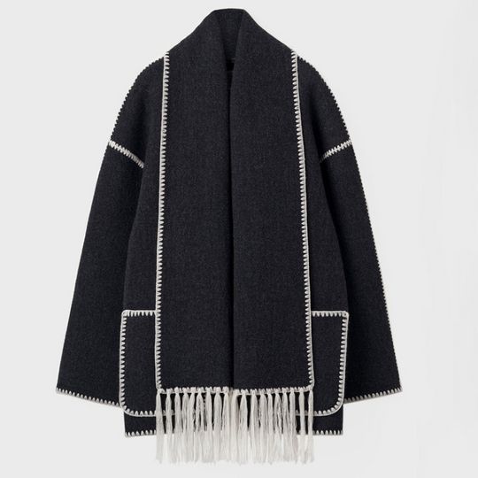 EB | Wollmantel - Oversized Fit - Schal-Kragen mit Fransen - Dekorative Nähte - Knopfverschluss