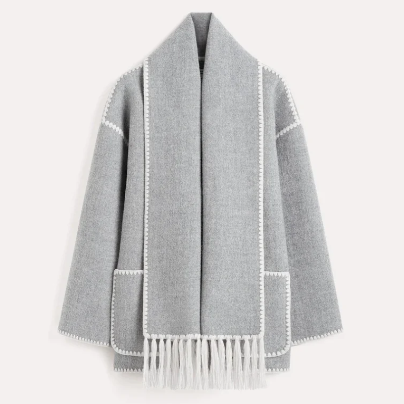 EB | Wollmantel - Oversized Fit - Schal-Kragen mit Fransen - Dekorative Nähte - Knopfverschluss