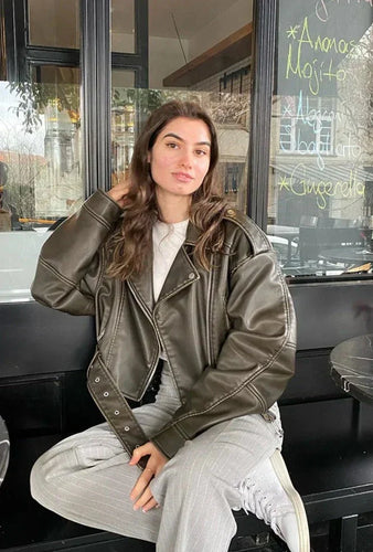 EB | Damen verkürzte Kunstleder Bikerjacke mit taillierter Taille