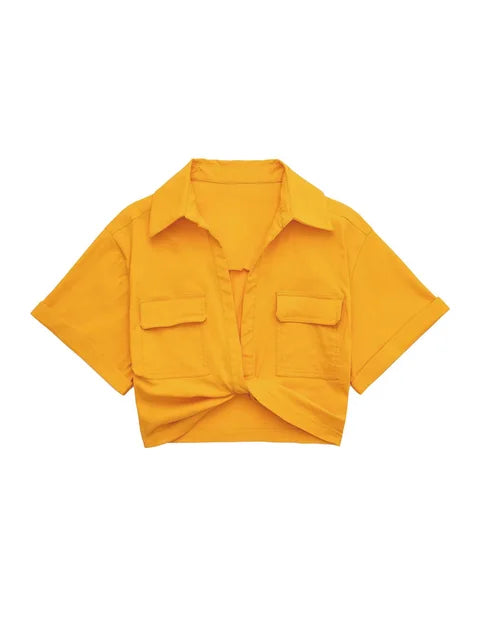 EB | Damen Vintage Kurzarm Leinen Crop Shirt