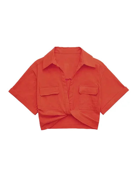 EB | Damen Vintage Kurzarm Leinen Crop Shirt
