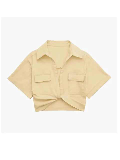 EB | Damen Vintage Kurzarm Leinen Crop Shirt