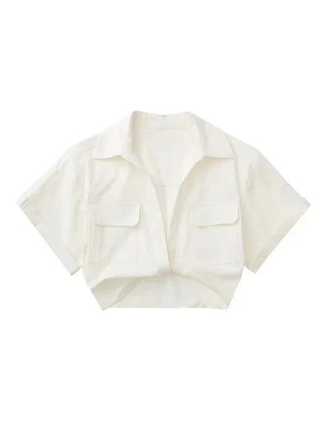 EB | Damen Vintage Kurzarm Leinen Crop Shirt