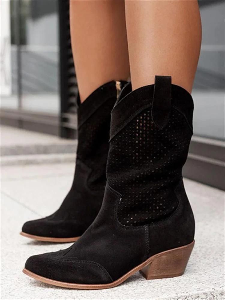 EB | Cowboy-Stiefel Stilvolle Damenstiefel mit Perforationen und Blockabsatz