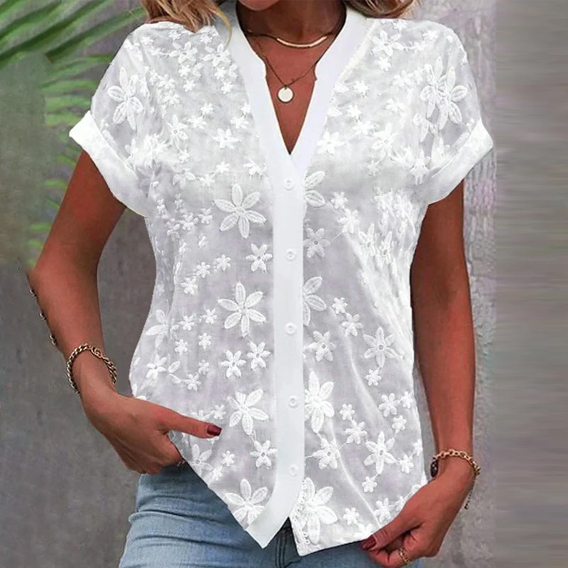 EB | Kurzärmlige Blumenbluse mit V-Ausschnitt