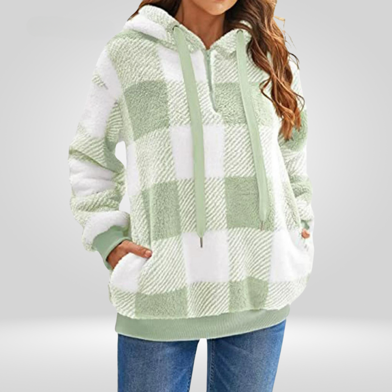 EB | Kapuzenpullover Weiches Strickmaterial Lockere Passform Halber Reißverschluss Karomuster