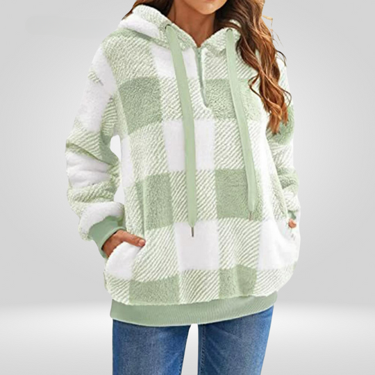 EB | Kapuzenpullover Weiches Strickmaterial Lockere Passform Halber Reißverschluss Karomuster