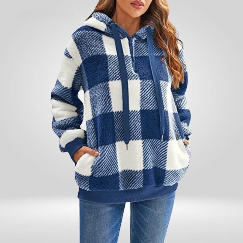 EB | Kapuzenpullover Weiches Strickmaterial Lockere Passform Halber Reißverschluss Karomuster