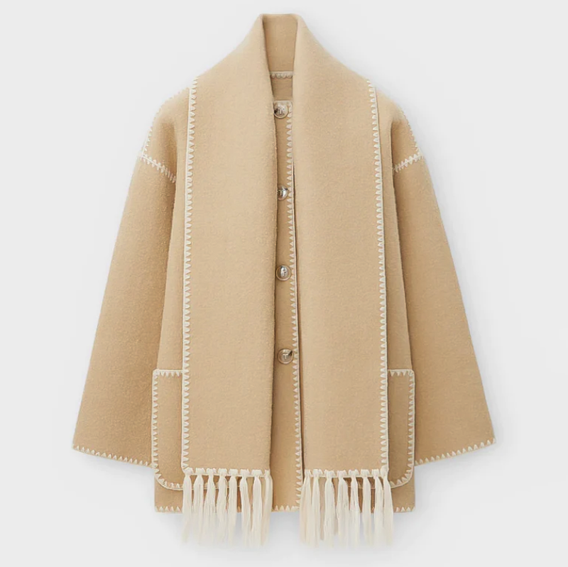 EB | Wollmantel - Oversized Fit - Schal-Kragen mit Fransen - Dekorative Nähte - Knopfverschluss