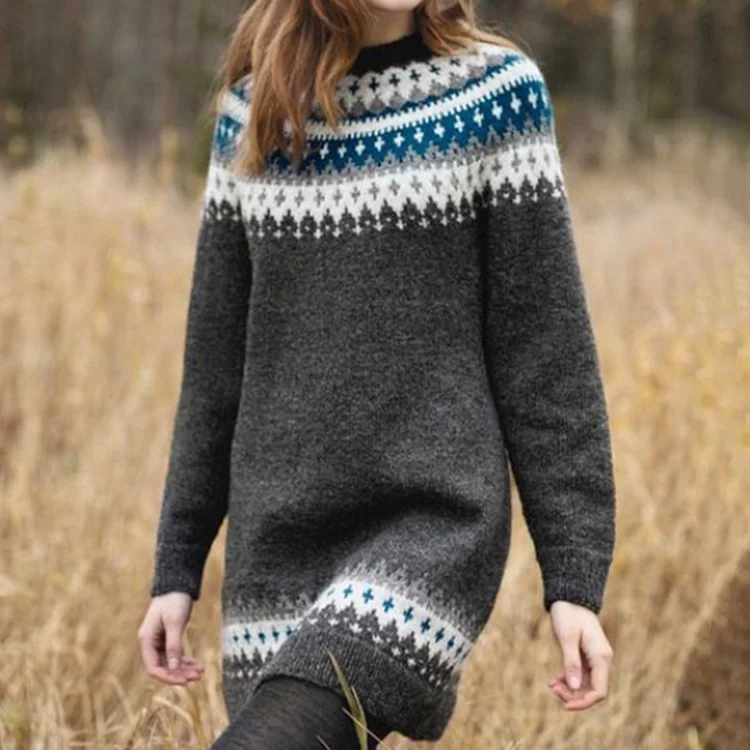 EB | Kleid - Bedrucktes Langarmstrick-Midi-Kleid