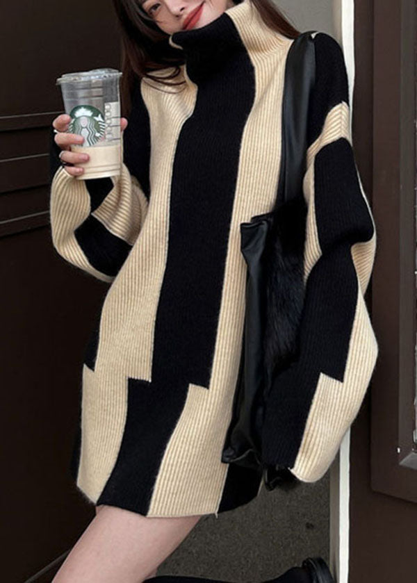 EB | Einzigartiger Schwarzer Hochgeschlossener Gestreifter Gemütlicher Langer Strickpullover Winter