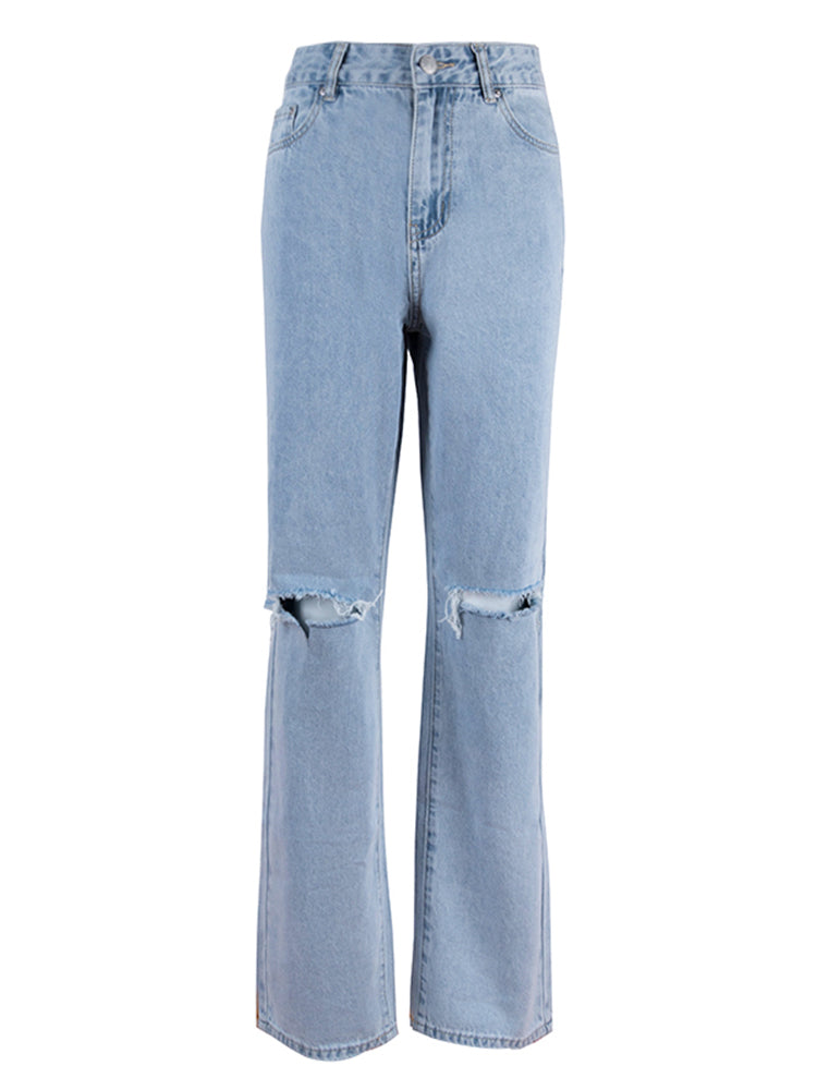 EB | Damen Jeanshose mit Lockerer Passform Zerrissen Weites Bein Hohe Taille Lassige Baggy Jean