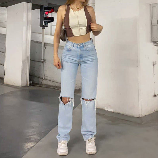 EB | Damen Jeanshose mit Lockerer Passform Zerrissen Weites Bein Hohe Taille Lassige Baggy Jean