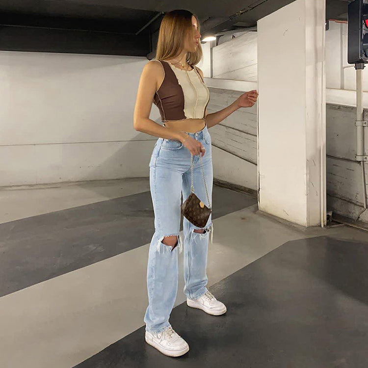 EB | Damen Jeanshose mit Lockerer Passform Zerrissen Weites Bein Hohe Taille Lassige Baggy Jean