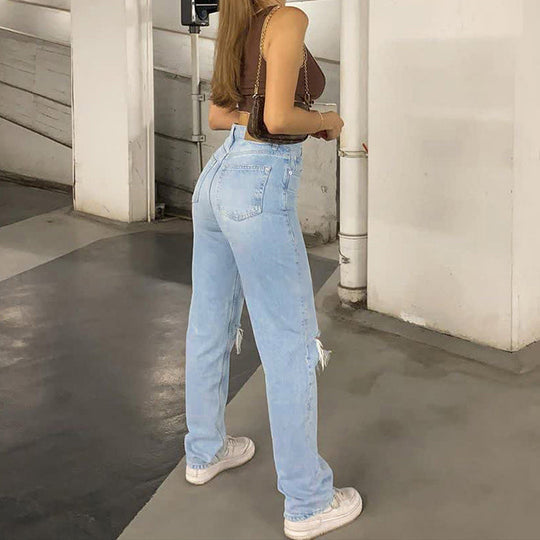 EB | Damen Jeanshose mit Lockerer Passform Zerrissen Weites Bein Hohe Taille Lassige Baggy Jean