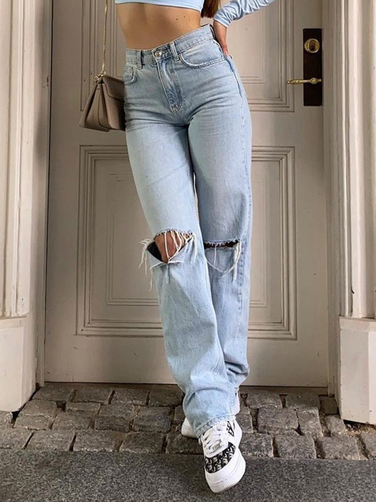 EB | Damen Jeanshose mit Lockerer Passform Zerrissen Weites Bein Hohe Taille Lassige Baggy Jean