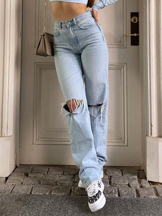 EB | Damen Jeanshose mit Lockerer Passform Zerrissen Weites Bein Hohe Taille Lassige Baggy Jean