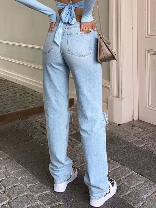 EB | Damen Jeanshose mit Lockerer Passform Zerrissen Weites Bein Hohe Taille Lassige Baggy Jean