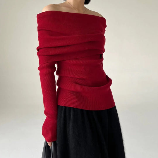 EB | Off-Shoulder Strickpullover Gerippter Strick Enganliegendes und Elegantes Design