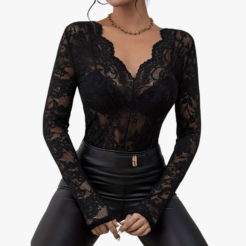 EB | Elegantes V-Ausschnitt Top mit Langen Ärmeln und Spitze für Damen