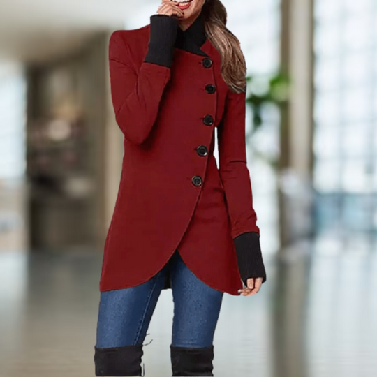 EB | Mantel für Damen Asymmetrischer Schnitt Knopfverschluss Hoher Kragen Eleganter Slim Fit