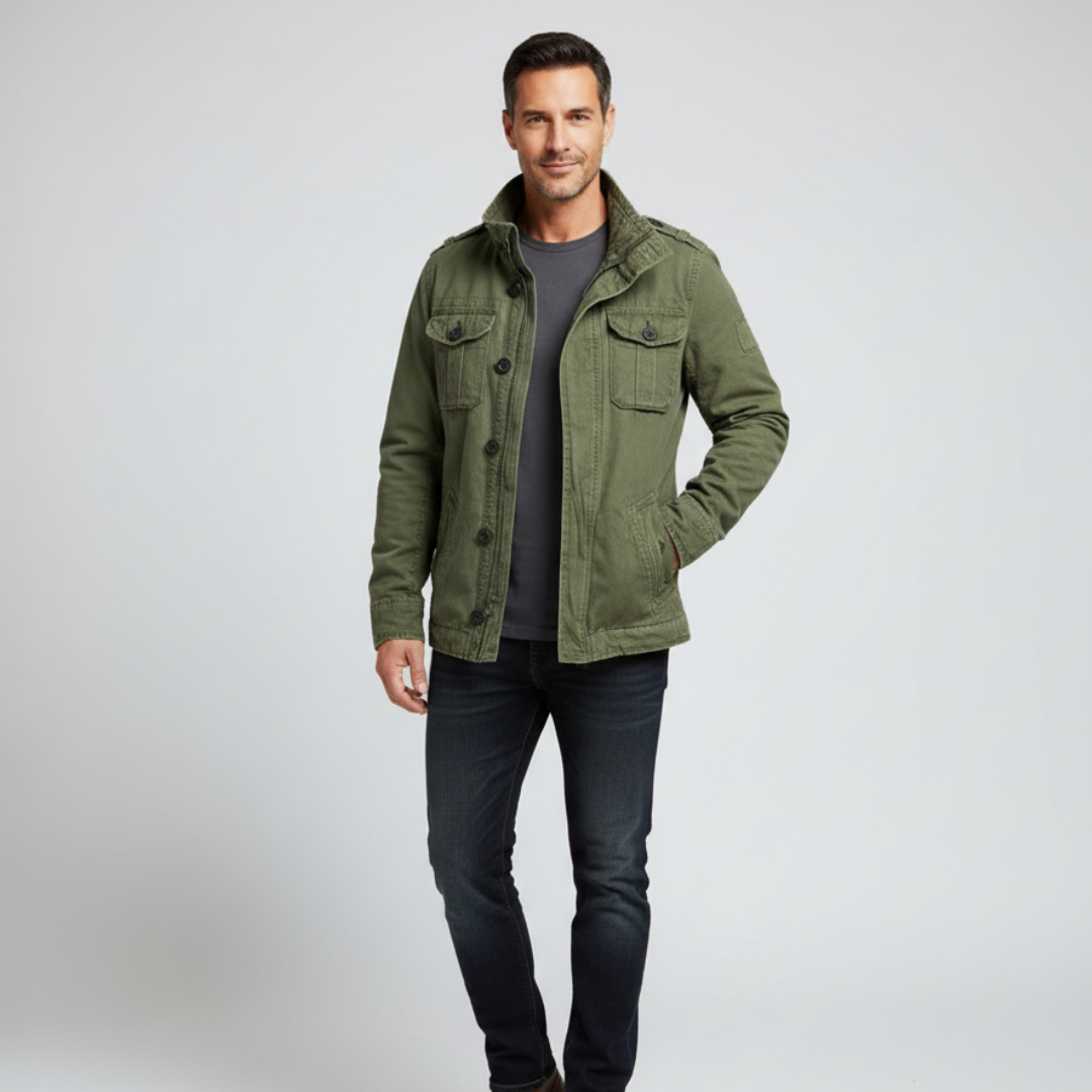 EB | Jeansjacke Reguläre Passform Knopfverschluss Hoher Kragen Mehrere Taschen Schulterklappen
