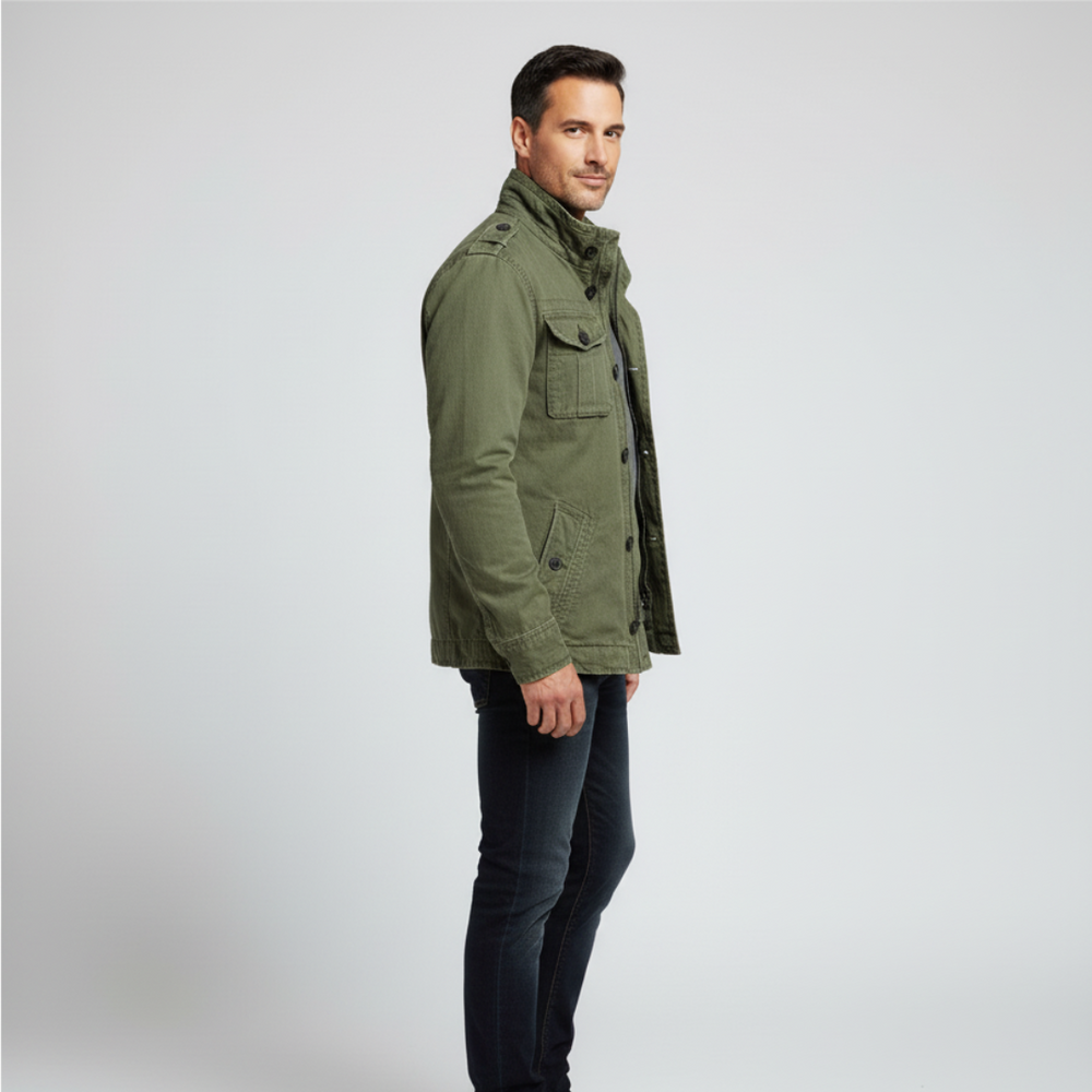 EB | Jeansjacke Reguläre Passform Knopfverschluss Hoher Kragen Mehrere Taschen Schulterklappen