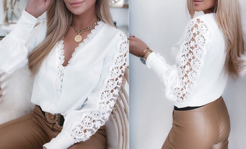 EB | Elegante Top Mit Spitzenärmel Und V-Ausschnitt