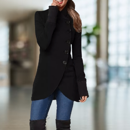 EB | Mantel für Damen Asymmetrischer Schnitt Knopfverschluss Hoher Kragen Eleganter Slim Fit