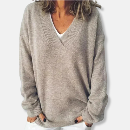 EB | Wolle Übergröße V-Ausschnitt Pullover Gerippter Saum Pullover